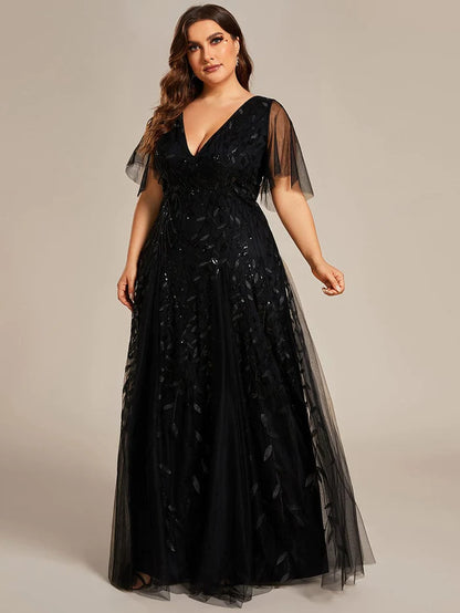 Wholesa Shimmery V Neck Ruffle Sleeves Sequin Maxi Long Evening Dress