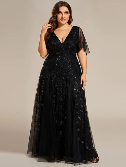 Wholesa Romantic Shimmery V Neck Ruffle Sleeves Maxi Long Evening Gowns