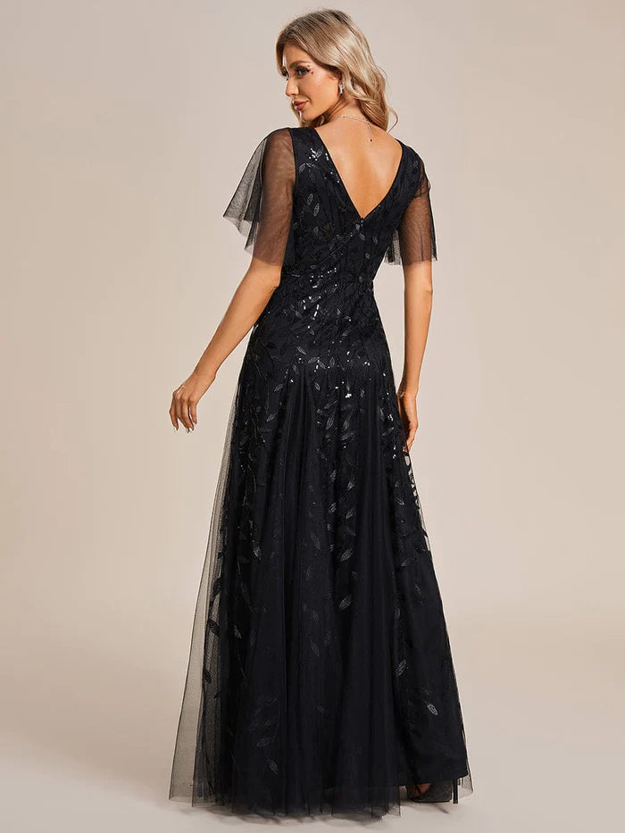 Wholesa Shimmery V Neck Ruffle Sleeves Sequin Maxi Long Evening Dress