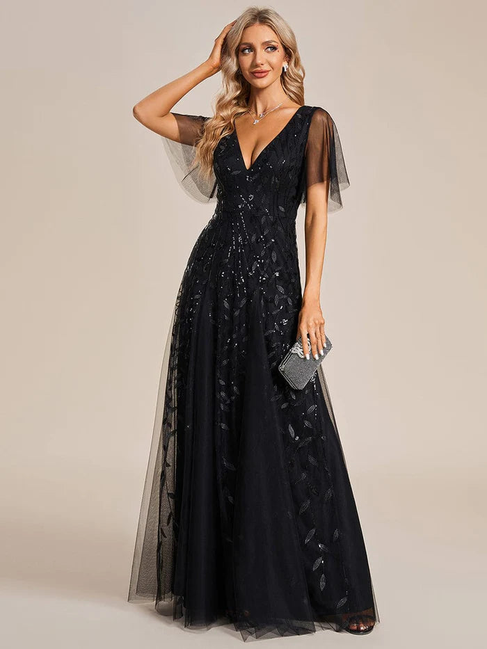 Wholesa Romantic Shimmery V Neck Ruffle Sleeves Maxi Long Evening Gowns