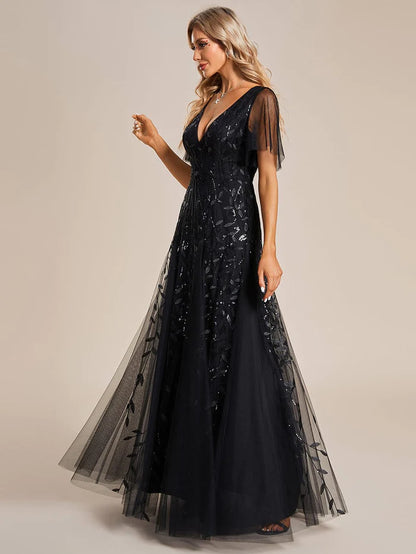 Wholesa Shimmery V Neck Ruffle Sleeves Sequin Maxi Long Evening Dress