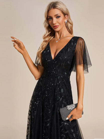 Wholesa Shimmery V Neck Ruffle Sleeves Sequin Maxi Long Evening Dress