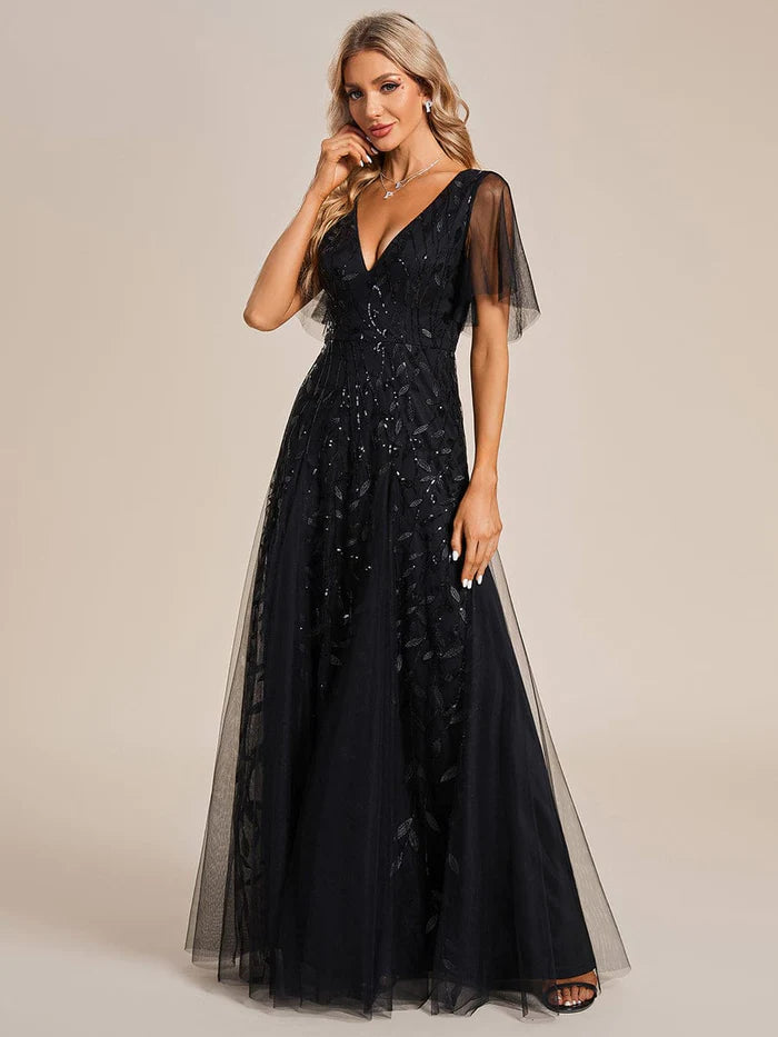 Wholesa Shimmery V Neck Ruffle Sleeves Sequin Maxi Long Evening Dress