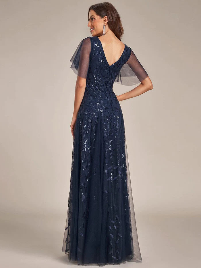 Wholesa Romantic Shimmery V Neck Ruffle Sleeves Maxi Long Evening Gowns