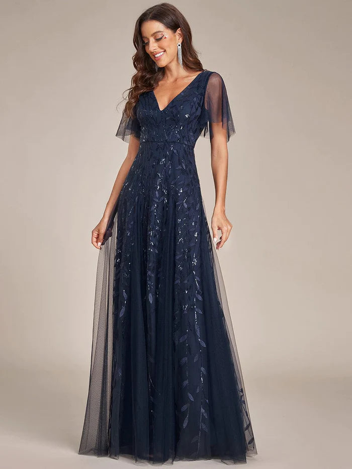 Wholesa Romantic Shimmery V Neck Ruffle Sleeves Maxi Long Evening Gowns