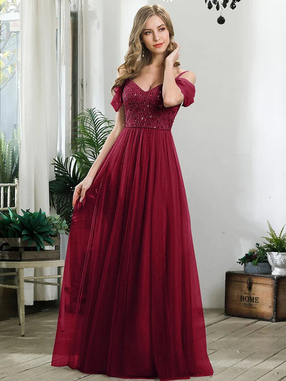 Wholesa A-Line Sweetheart Neckline Ruffle Sleeve Tulle Bridesmaid Dress With Sequin