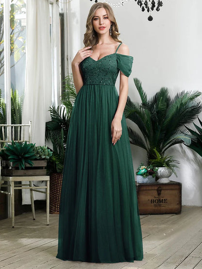 Wholesa A-Line Sweetheart Neckline Ruffle Sleeve Tulle Bridesmaid Dress With Sequin