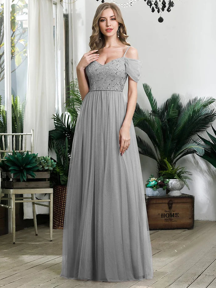 Wholesa A-Line Sweetheart Neckline Ruffle Sleeve Tulle Bridesmaid Dress With Sequin