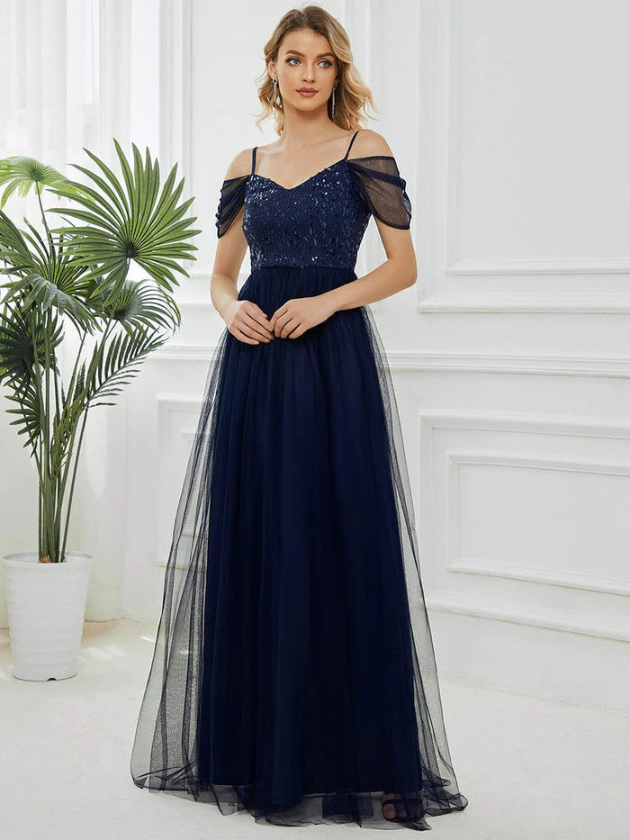 Wholesa A-Line Sweetheart Neckline Ruffle Sleeve Tulle Bridesmaid Dress With Sequin