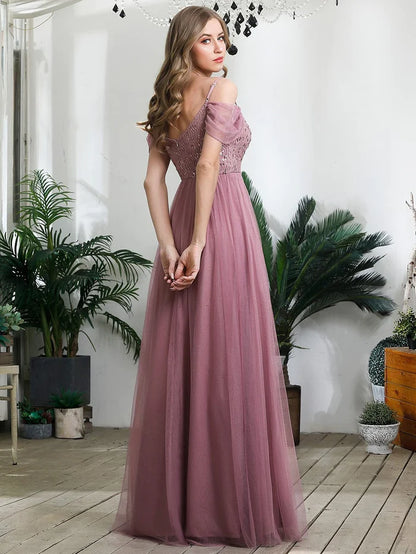 Wholesa A-Line Sweetheart Neckline Ruffle Sleeve Tulle Bridesmaid Dress With Sequin