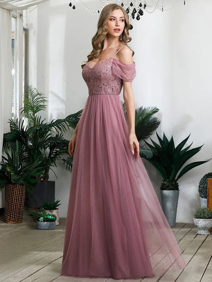 Wholesa A-Line Sweetheart Neckline Ruffle Sleeve Tulle Bridesmaid Dress With Sequin