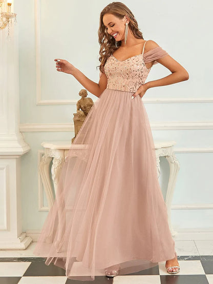 Wholesa A-Line Sweetheart Neckline Ruffle Sleeve Tulle Bridesmaid Dress With Sequin