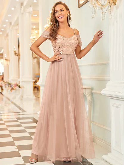 Wholesa A-Line Sweetheart Neckline Ruffle Sleeve Tulle Bridesmaid Dress With Sequin