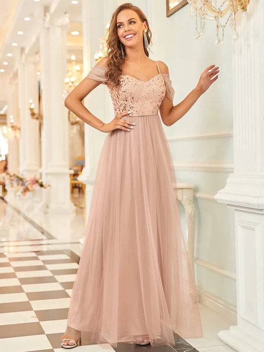 Wholesa A-Line Sweetheart Neckline Ruffle Sleeve Tulle Bridesmaid Dress With Sequin