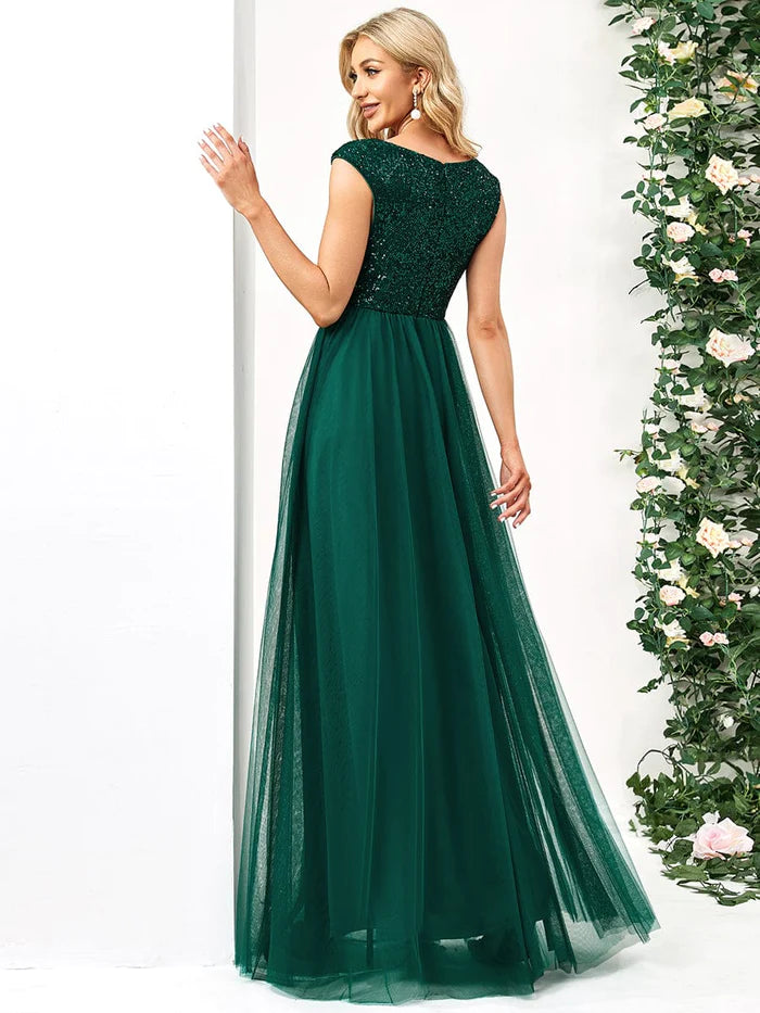 Wholesa Sleeveless Sequin V-Neck Pleated Long Evening Dress