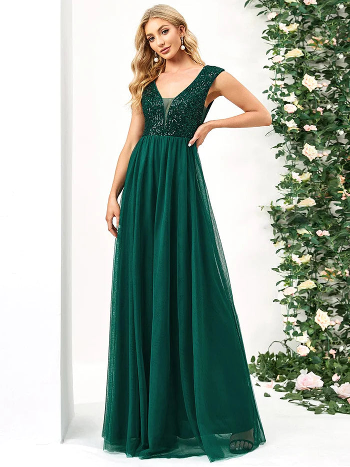 Wholesa Sleeveless Sequin V-Neck Pleated Long Evening Dress