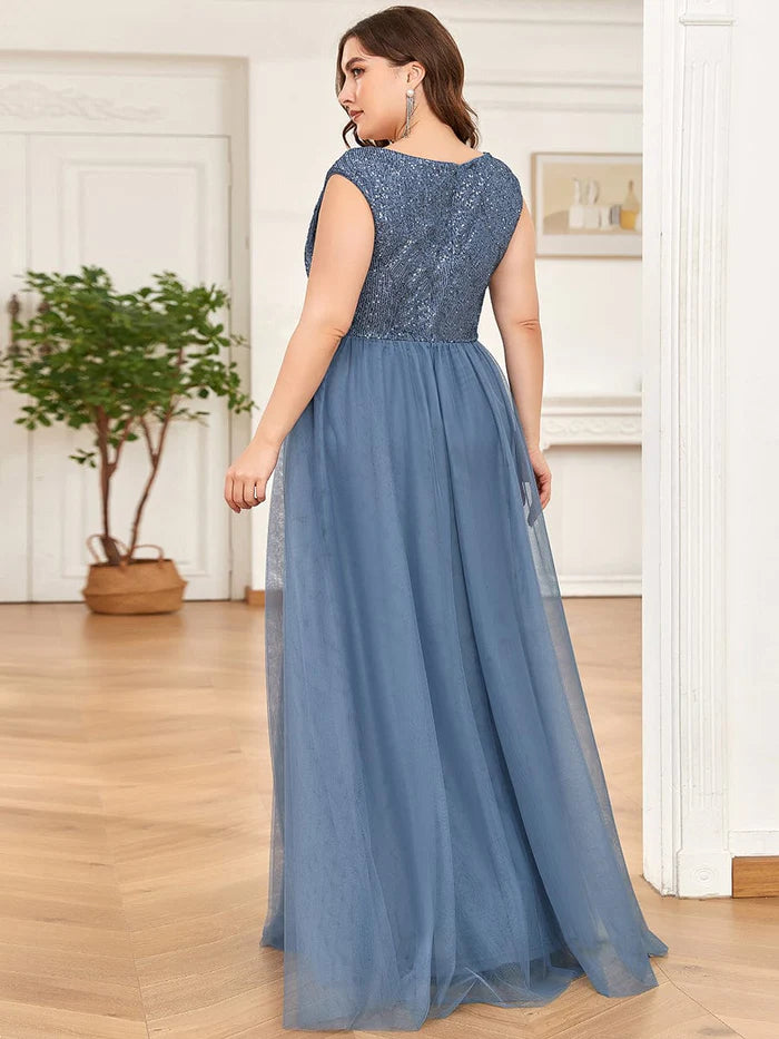 Wholesa Sleeveless Sequin V-Neck Pleated Long Evening Dress