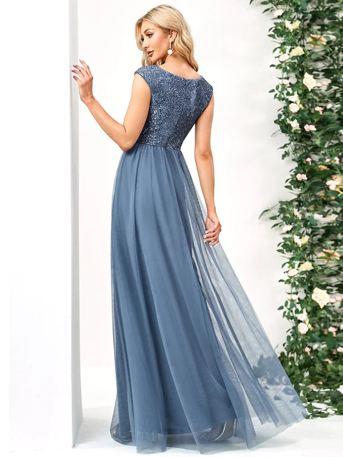 Wholesa Sleeveless Sequin V-Neck Pleated Long Evening Dress