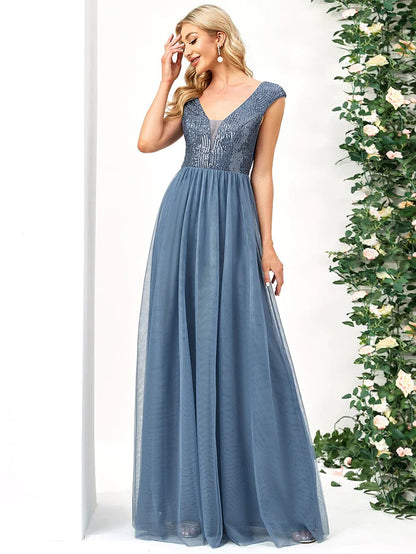 Wholesa Sleeveless Sequin V-Neck Pleated Long Evening Dress