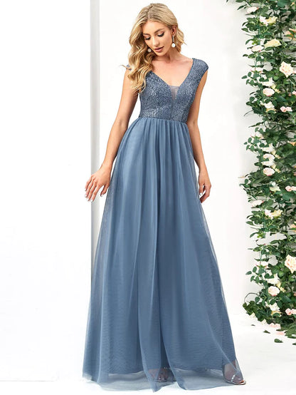 Wholesa Sleeveless Sequin V-Neck Pleated Long Evening Dress