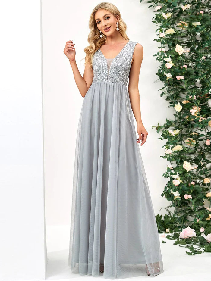 Wholesa Sleeveless Sequin V-Neck Pleated Long Evening Dress