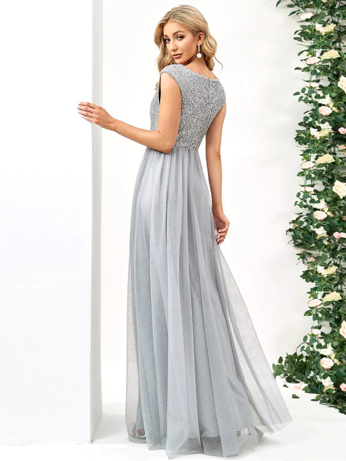 Wholesa Sleeveless Sequin V-Neck Pleated Long Evening Dress