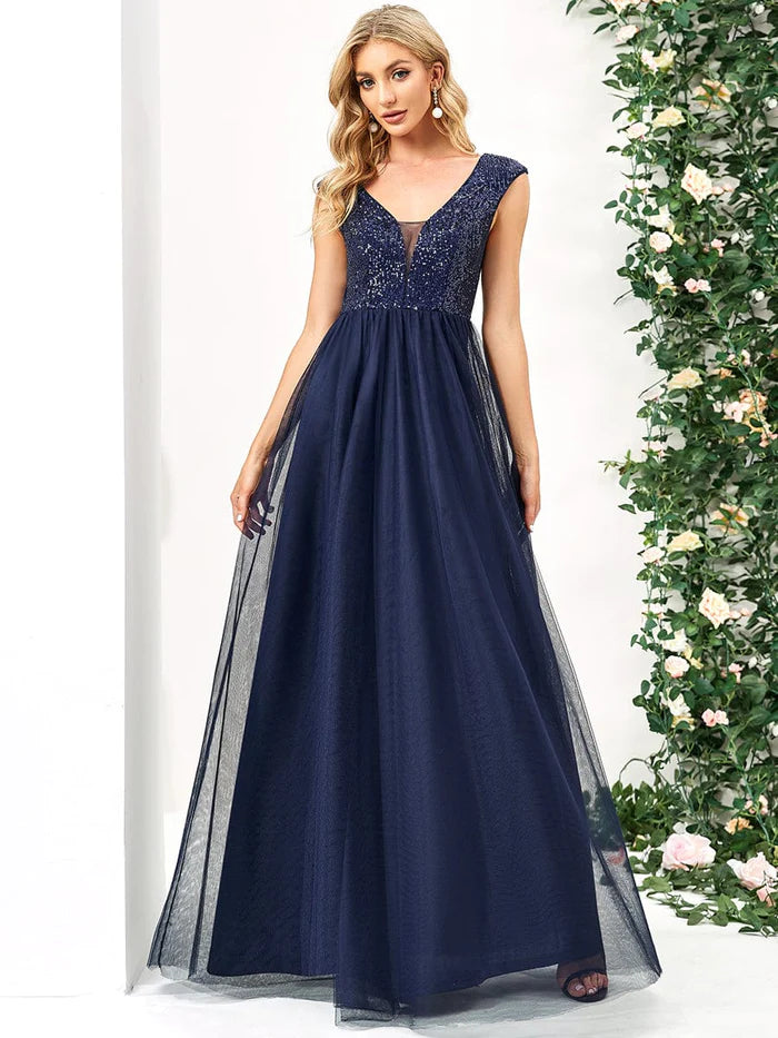 Wholesa Sleeveless Sequin V-Neck Pleated Long Evening Dress