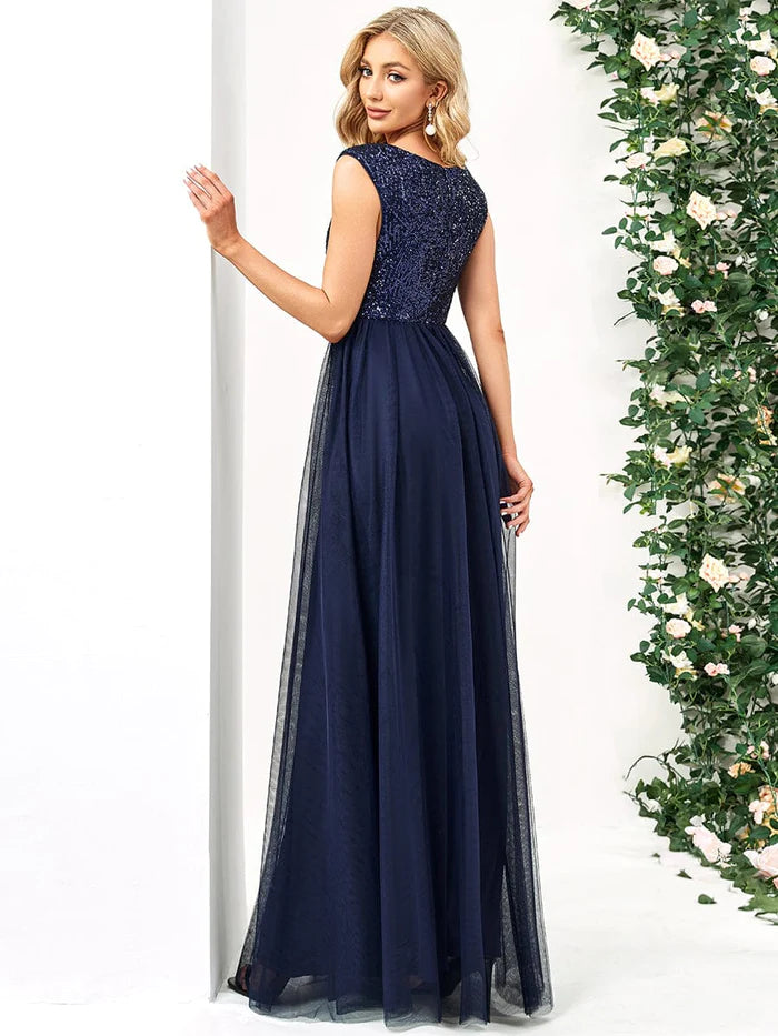 Wholesa Sleeveless Sequin V-Neck Pleated Long Evening Dress