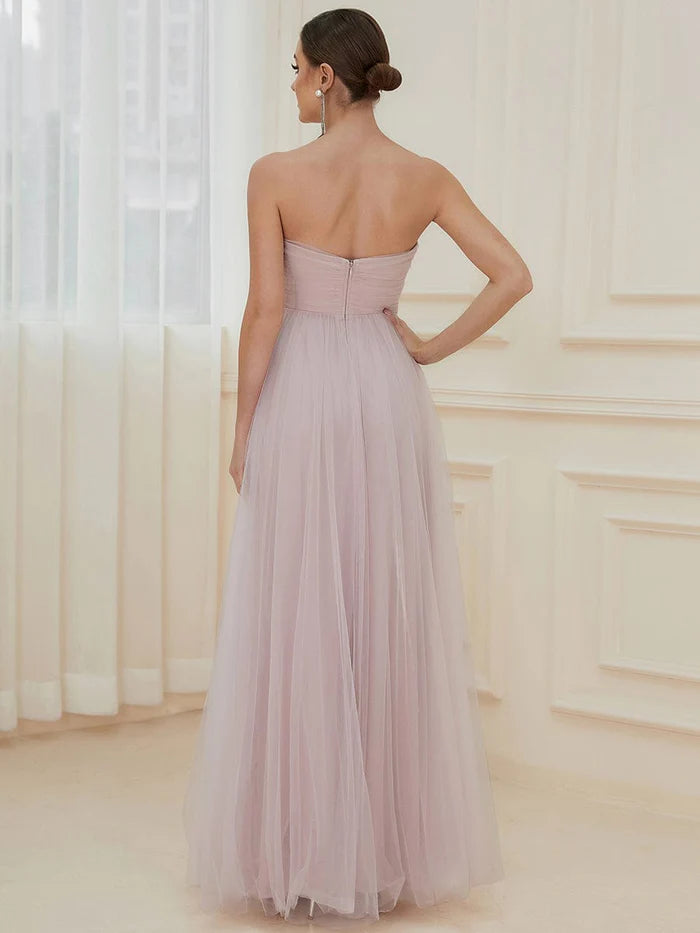 Wholesa Front Slit Tulle High Slit Strapless Tube A-Line Evening Dress