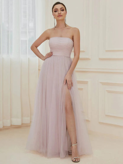 Wholesa Front Slit Tulle High Slit Strapless Tube A-Line Evening Dress