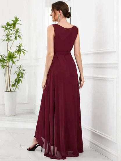 Wholesa Sleeveless V-Neck Chiffon A-Line Layered Front Slit Evening Dress