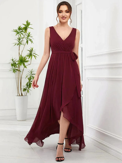 Wholesa Sleeveless V-Neck Chiffon A-Line Layered Front Slit Evening Dress