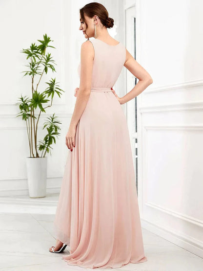 Wholesa Sleeveless V-Neck Chiffon A-Line Layered Front Slit Evening Dress