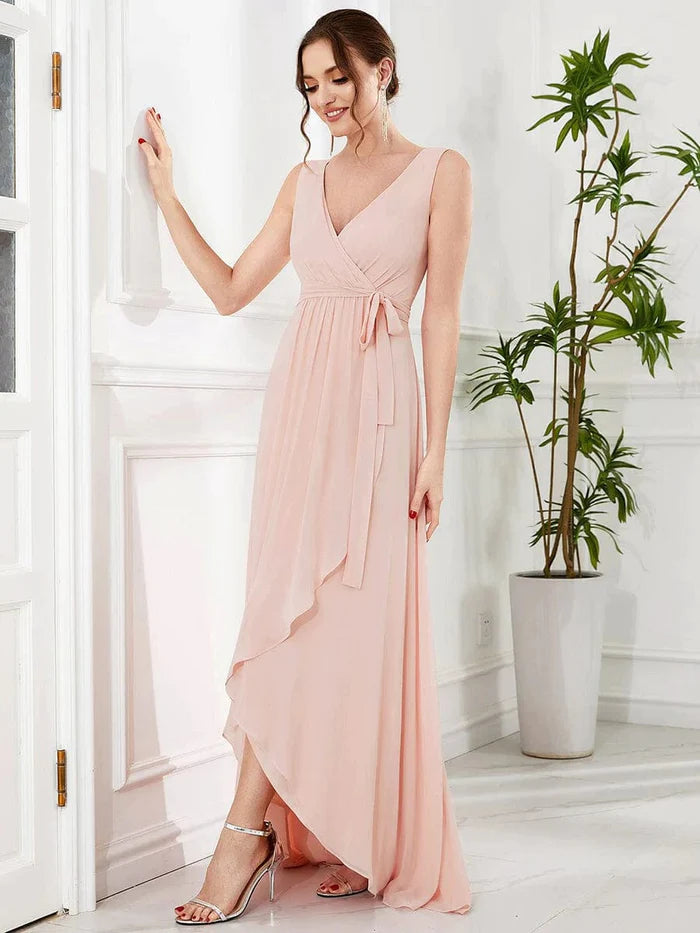 Wholesa Sleeveless V-Neck Chiffon A-Line Layered Front Slit Evening Dress