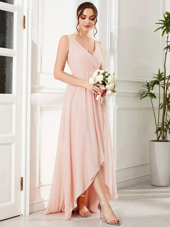 Wholesa Sleeveless V-Neck Chiffon A-Line Layered Front Slit Evening Dress