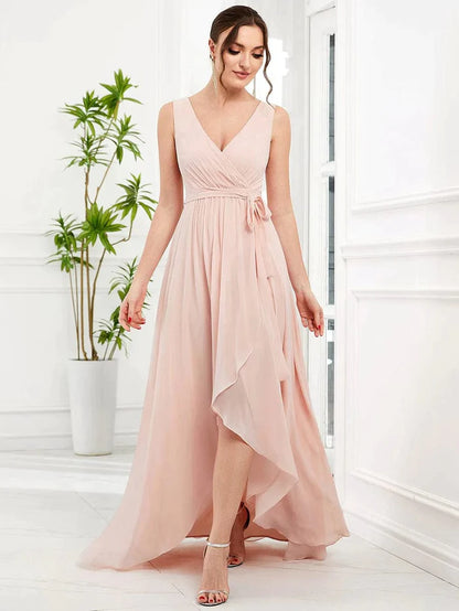 Wholesa Sleeveless V-Neck Chiffon A-Line Layered Front Slit Evening Dress