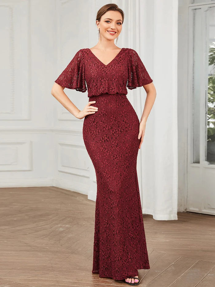 Wholesa Embroidered Lace Short Cape Sleeve Bodycon Evening Dress