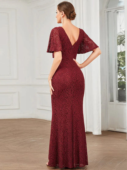 Wholesa Embroidered Lace Short Cape Sleeve Bodycon Evening Dress