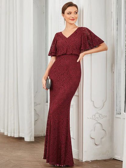 Wholesa Embroidered Lace Short Cape Sleeve Bodycon Evening Dress