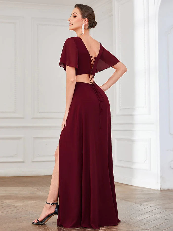 Wholesa High Slit Flutter Sleeve Lace Up Chiffon Evening Dress