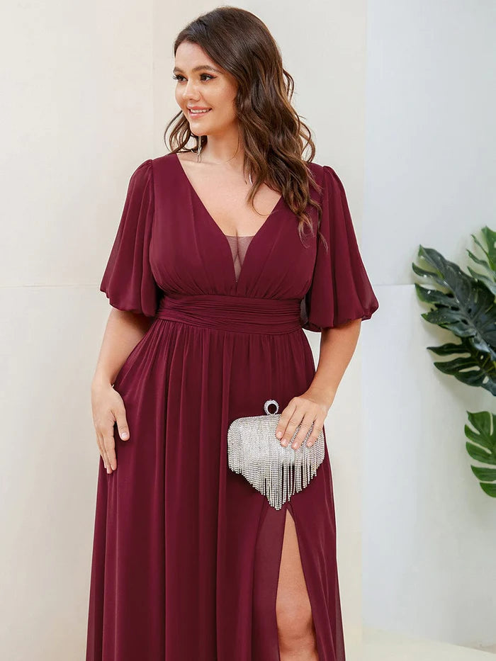 Wholesa Chiffon Illusion V-Neck Flutter Sleeve Front Slit Evening Dress