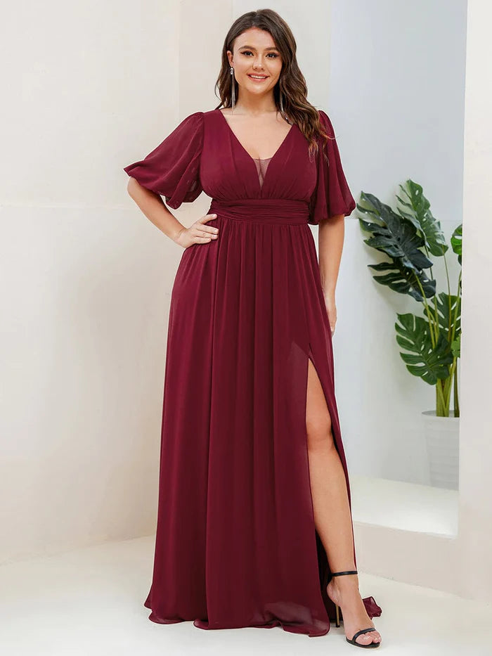 Wholesa Chiffon Illusion V-Neck Flutter Sleeve Front Slit Evening Dress