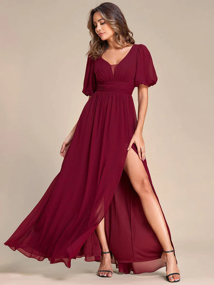 Wholesa Short Sleeve V-Neck Front Slit Chiffon Evening Dress