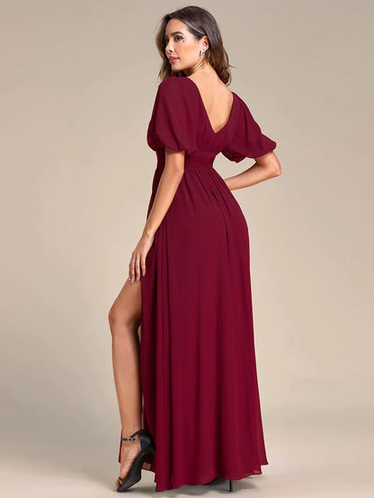 Wholesa Short Sleeve V-Neck Front Slit Chiffon Evening Dress