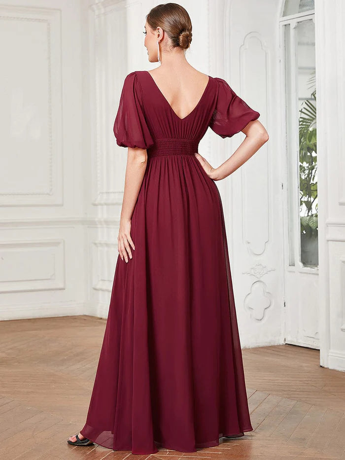 Wholesa Chiffon Illusion V-Neck Flutter Sleeve Front Slit Evening Dress