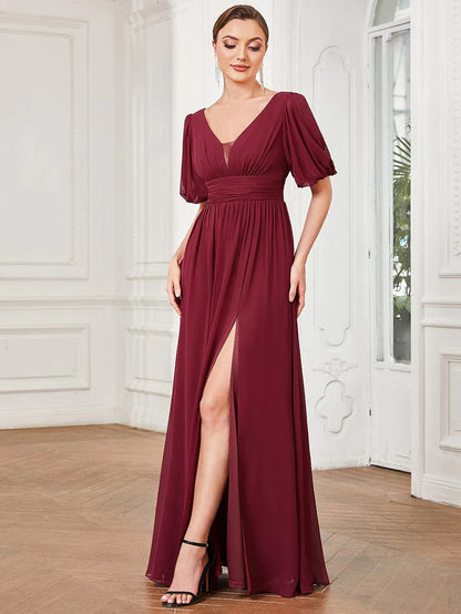 Wholesa Chiffon Illusion V-Neck Flutter Sleeve Front Slit Evening Dress