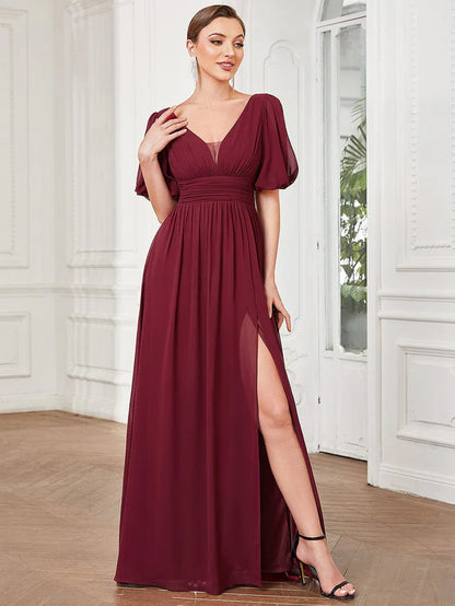 Wholesa Chiffon Illusion V-Neck Flutter Sleeve Front Slit Evening Dress