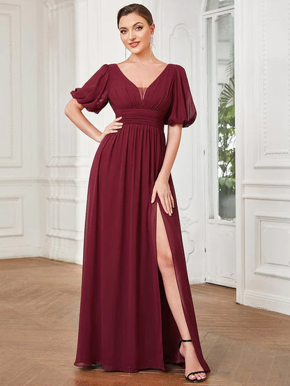 Wholesa Chiffon Illusion V-Neck Flutter Sleeve Front Slit Evening Dress