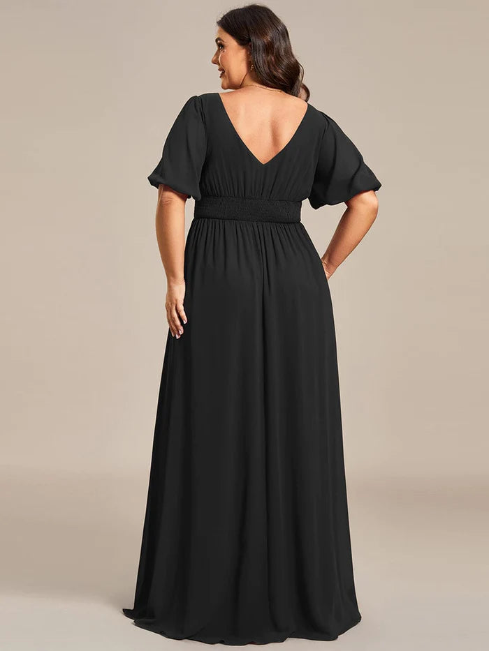 Wholesa Short Sleeve V-Neck Front Slit Chiffon Evening Dress