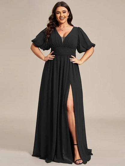 Wholesa Short Sleeve V-Neck Front Slit Chiffon Evening Dress